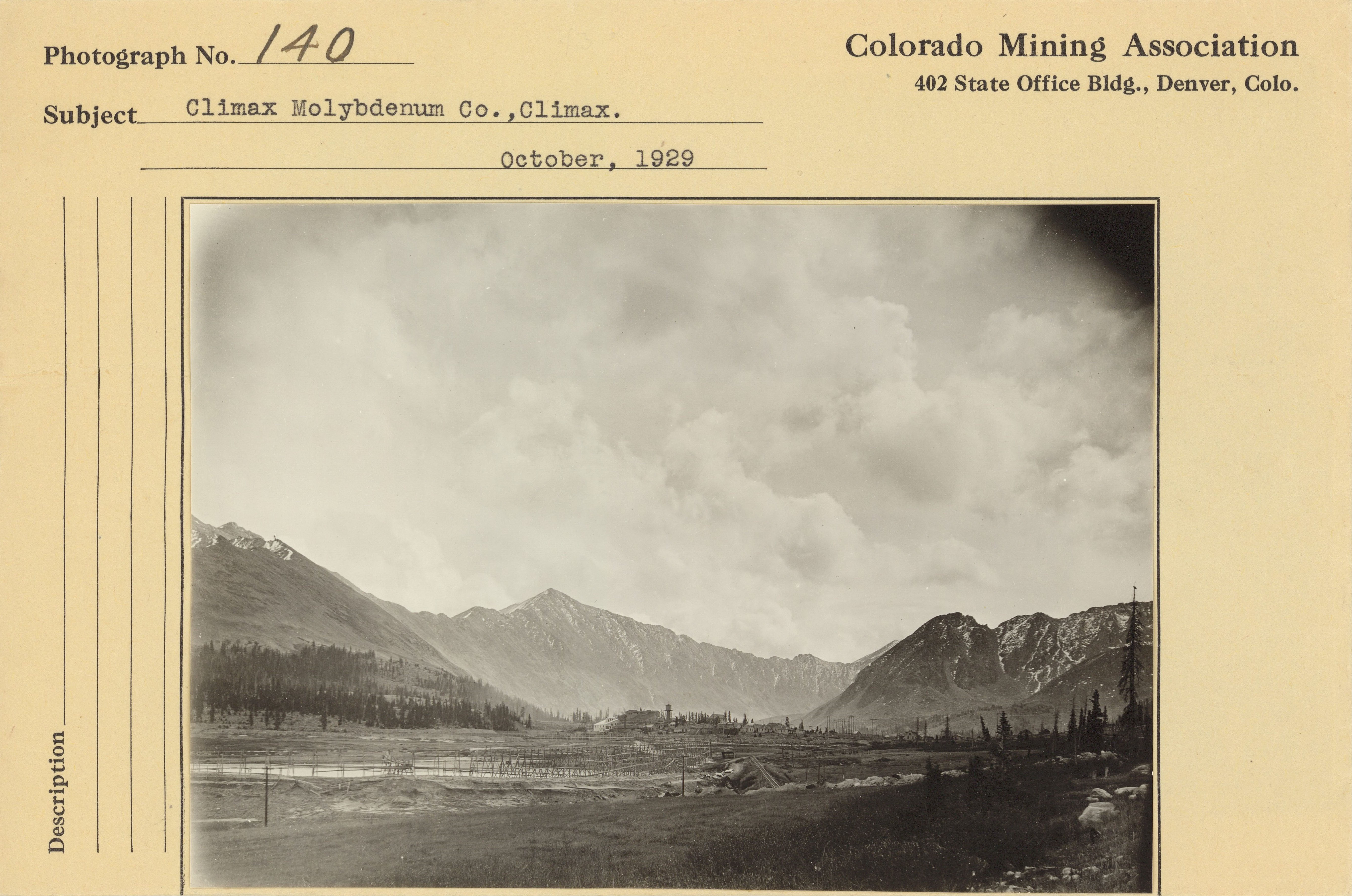 Climax Molybdenum Company, Climax, Colorado, October, 1929